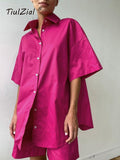 Summer Casual Short Set Pocket Tracksuit Loungewear Co-ord Women Outfits Long Oversized Shirt And High Waist