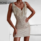 Women Chic Glamorous Deep V Neck Sequin Tassels Mini Bodycon Sexy Party Dancing