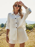 Spring Two Piece Set Tracksuit Casual Outfit Suits Women White Shirt Blouse Tops Cotton Linen Shorts Pants 2 Piece