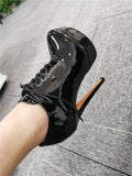 Onlymaker Women's Black Red Platform Ankle Boots High Heels Lace Up Patent leather Stiletto Sexy Lady Fashion Sexy