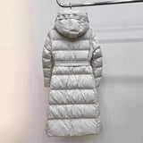 Autumn Winter New Down Jacket Female Long Money Slim Over The Knee Hoodie Waist Show Thin Belt Money Warm Coat Tide-Outfit