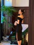 New Dress For Women Elegant Midi Bodycon Off Should Solid One Piece Slim Clothing Femme Fashion Party
