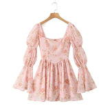Floral Print Long Puff Sleeve Square Collar Mini Dress-Outfit