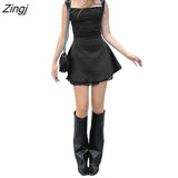 Women Summer Fashion Wild Party Club Dress Solid Color Sleeveless Sling Tie-Up Double Layered Mini