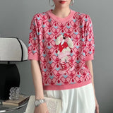 Summer Women Knitted Sweater European Style Cartoon Pattern Fashion Jacquard Round Neck Short Sleeve Casual Jumpers