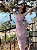 Zingj Pink Lace Sexy Sling Dress Women's Summer Waist V-Collar Knitted Skirt Hollowed-Out Hip