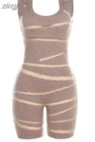 Knitted Mesh Patchwork Rompers Women Sleeveless Trend Spaghetti Strap Skinny Elastic Chic Playsuits Female