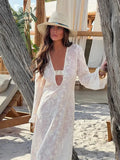 Women Sexy Floral Print See Through Solid Sunscreen Dress Chic V Neck Flare Sleeved Long Robes Summer Lady Beach Bikini