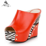 Sgesvier 2022 Black White Stripe Summer Style Sexy Sandals Women's Wedges Slippers High Platform Heels for Shoes Woman