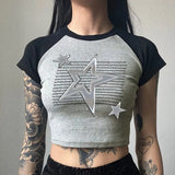 Zingj Girls Basic Top 2023 Summer Metal Five-Pointed Star Print Rotator Sleeve Contrast Color Round