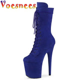 Pure Colour Lace Up Model Walk Show Short Boots Suede Stripper 20CM Super High Heel Shoe Women Candy Color Platforms Party
