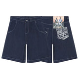 Pocket Embroidered Letter Print Jeans Men's Shorts Summer Vintage Super Wide-Legged