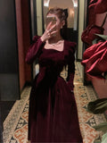 Winter Vintage Christmas Red Velvet Dress French Elegant Square Collar Evening Party Prom Vestidos Women