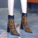 Zingj Fashion Boots Women's High Heel 2024 Winter New Suede Versatile Thin Boots Pointed Thick Heel Leopard Print Short