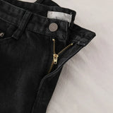 Women Black Straight Trousers Fur-lined Half Zippers Fly Denim Bottom Harajuku Pocket-shorts Streetwear Stretchy Mujer