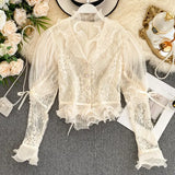 Women Lace blouse White V-neck Long sleeve Short Female shirt Single breasted RufflesSexy Tops Spring Black INKEO