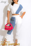 Workout Jean Patchwork Women Two 2 Piece Set Outfits Sweatsuit 2023 Summer Tee and Jogger Pants Matching Set