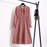 Summer Dress Women Lady Korean Style Vintage Floral Printed Cotton-Chiffon Shirt Dress Long Sleeve Bow Midi Dress