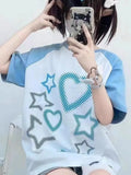 Japanese Y2k Aesthetic Heart Print T-shirt Preppy Loose Chic Sweet Tshirts Women Student Kawaii Fairy Harajuku Tee