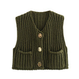 2025 Spring And Autumn 2025 New Women's Pocket Sleeveless Short Knitted Cardigan
