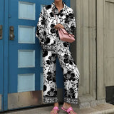 Print Long Sleeve Shirt Outfits Elegant Lapel Buttoned Blouse Long Pant Suits Women Loose Mid Waist Pants Two Piece