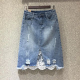 VAREY LIN 2022 New Spring Women Denim Skirts Casual Lace Irregular A-line Skirts High Waist Hole Split Denim Skirt