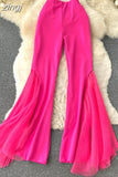 Green/Black/White/Rose Red Mesh Patchwork Flare Pants For Women Elegant High Waist Wide Leg Hip Hop Dancing Trousers