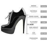 Onlymaker Women's Black Red Platform Ankle Boots High Heels Lace Up Patent leather Stiletto Sexy Lady Fashion Sexy