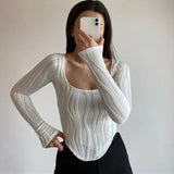 Zingj U-Neck Water Corrugated Long-Sleeved T-Shirt Autumn Popular Women's Wear Versatile Show Thin Inside The