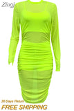 Women Solid Mesh See Through Design Ruched Lining Dress Stretch Sexy Clubwear Black Night Out Bodycon