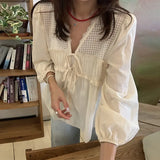Vintage V-Neck Mesh Tie Bow Long Sleeve BlouseOutfit