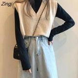 Vest Women Solid Autumn Winter All-match Leisure Outerwear Knitted V-Neck Sleeveless Female Elegant Chic Simple