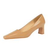 Zingj Fashion Simple High With Thick With Shallow Square Head Bright Patent Leather Commuting Versatile Women's Shoes Single