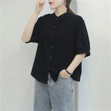 2023 Summer Cotton Shirt Women's Lantern Sleeve Retro White Shirt for Women Short Sleeve Fashion Women Blouses Casual