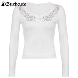 SUCHCUTE Rhinestone Gothic Clothes Women T-Shirts Harajuku Long Sleeve Dark Academia Slim Clubwear Tops Vintage Casual 90s