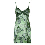 y2k Floral Mini Dress Lace V Neck Spaghetti Strap Sundress Retro Elegant Boho Beach Party Bodycon Dress Women