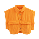 Women's Solid Color Big Pocket Sleeveless High Sense Cardigan Polo Collared Shirt Denim Top