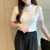 Basic Short Sleeve T-shirts Women 2022 Summer Solid O-neck Thin Knitting T Shirts Woman Korean Slim Fit Ribbed