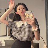 Shirts Women Peter Pan Collar Sweet Loose Lace Button Retro Puff Short Sleeve Blouses Design French Style Summer Mujer