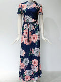 Women Summer Maxi Dress 2023 Casual Short Sleeve Boho Floral Print Long Dress Turtleneck Bandage Elegant Party Dresses