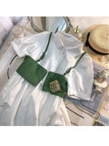 Vintage 2 Piece Set Summr Solid Short Sleeve Polo Neck Shirts Dress And Zipper Camisole Vest Casual All-Match Ladies