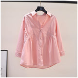 2025 Spring And Autumn New Clad Waist Design Folds Loose Cotton Shirt Women Blue Long-Sleeved