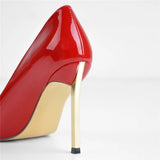 Onlymaker Women's Shoes Pointed Toe Black Red Patent Leather Metal Heels Fashion Dress Wedding Party Big Size Lady Thin