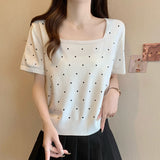 Zingj New Summer Printing Wave Point College Style Ice Silk T-Shirt Square Collar Short-Sleeved Sweater T-Shirt