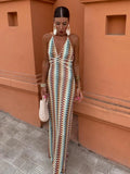 Embroidery Print Backless Maxi Dress Women Sexy V Neck Sleeveless Slim Halter Long Robes Lady Holiday Party