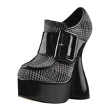Onlymaker Women Round Toe Thick Platform Strange Shape High Heels Canvas Belt Buckle Decoration Novelty Fashion Ankle