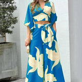 Women's V-Neck Lantern Sleeve Long Sleeve Short Top Broad Leg Trousers Fashion Suit Women's