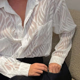 Transparent Women Shirt Elegant Thin Lapel Spring Summer Office Ladies Shirts Long Sleeve Sexy 2023 White Texture