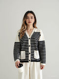 And Winter Single-Dcup Buckle V-Neck Pocket Knitted Cardigan New Striped Impact