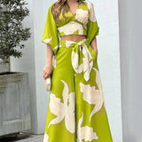 Women's V-Neck Lantern Sleeve Long Sleeve Short Top Broad Leg Trousers Fashion Suit Women's